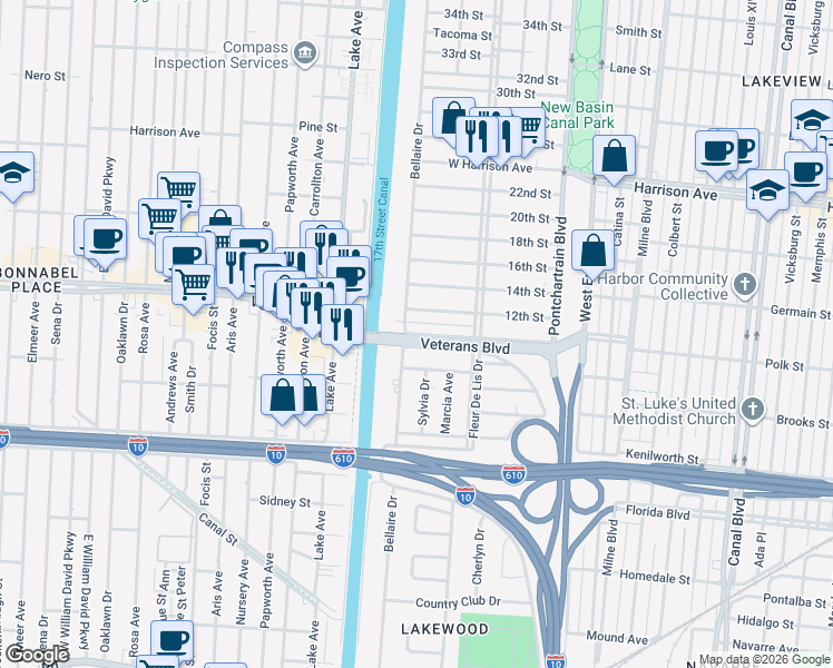 map of restaurants, bars, coffee shops, grocery stores, and more near 437 10th Street in New Orleans