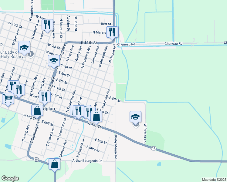 map of restaurants, bars, coffee shops, grocery stores, and more near 899 East 6th Street in Kaplan