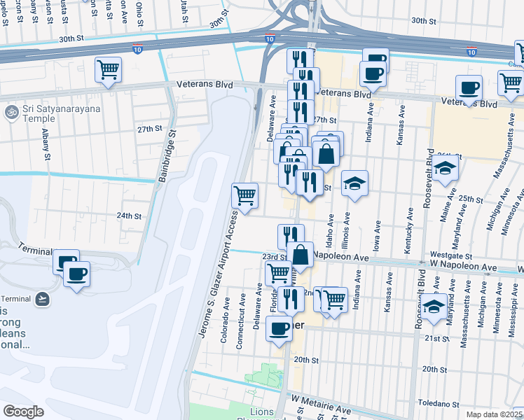 map of restaurants, bars, coffee shops, grocery stores, and more near 2417 Delaware Avenue in Kenner