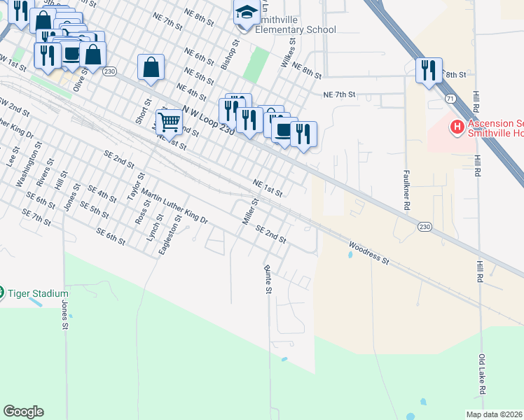 map of restaurants, bars, coffee shops, grocery stores, and more near 1408 Southeast 1st Street in Smithville