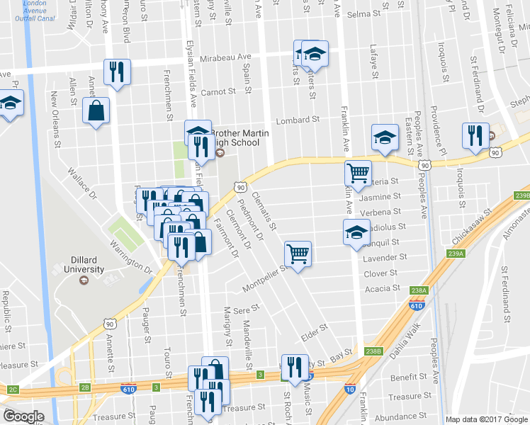 map of restaurants, bars, coffee shops, grocery stores, and more near 4060 Clematis Street in New Orleans