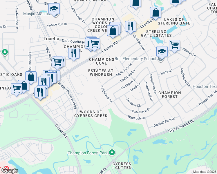 map of restaurants, bars, coffee shops, grocery stores, and more near 9722 Godstone Lane in Spring