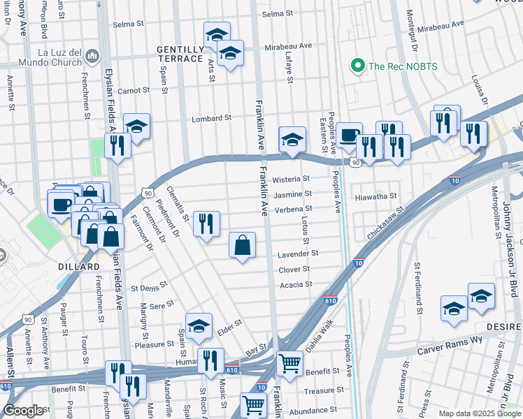 map of restaurants, bars, coffee shops, grocery stores, and more near 4032 Franklin Avenue in New Orleans