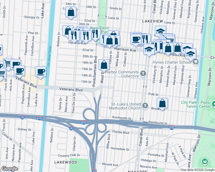 map of restaurants, bars, coffee shops, grocery stores, and more near 133 Polk Street in New Orleans