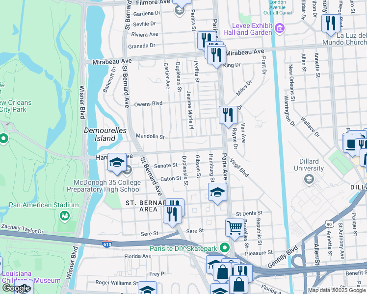 map of restaurants, bars, coffee shops, grocery stores, and more near Duplessis Street in New Orleans