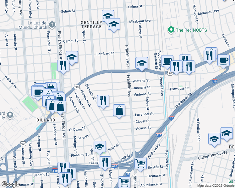 map of restaurants, bars, coffee shops, grocery stores, and more near 2483 Verbena Street in New Orleans