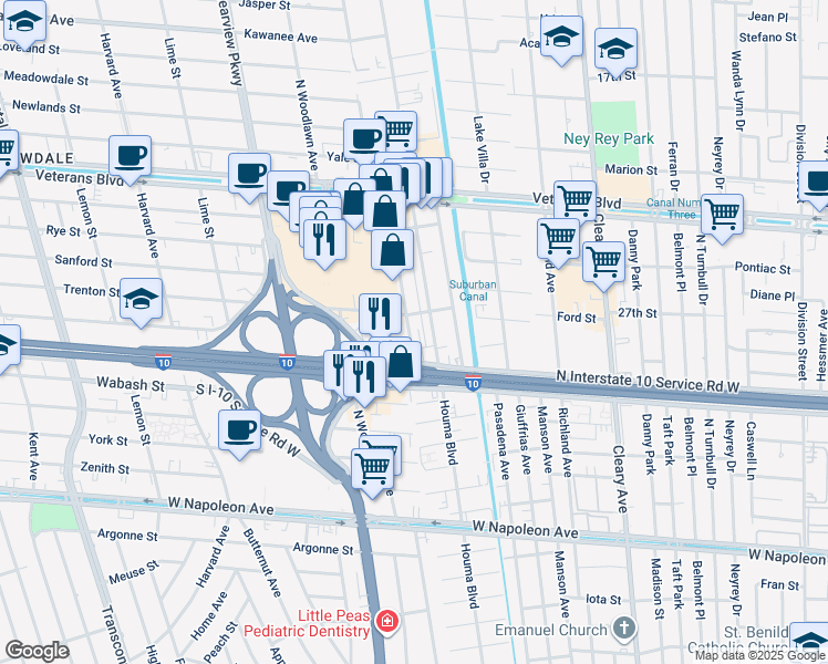 map of restaurants, bars, coffee shops, grocery stores, and more near 2800 Kingman Street in Metairie