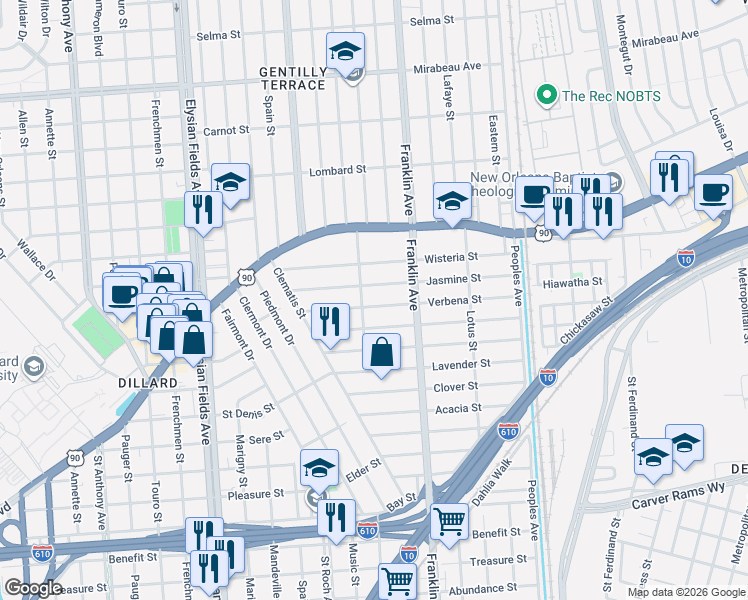 map of restaurants, bars, coffee shops, grocery stores, and more near 2483 Verbena Street in New Orleans