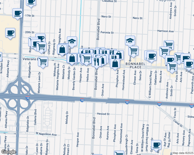 map of restaurants, bars, coffee shops, grocery stores, and more near 711 Bonnabel Boulevard in Metairie