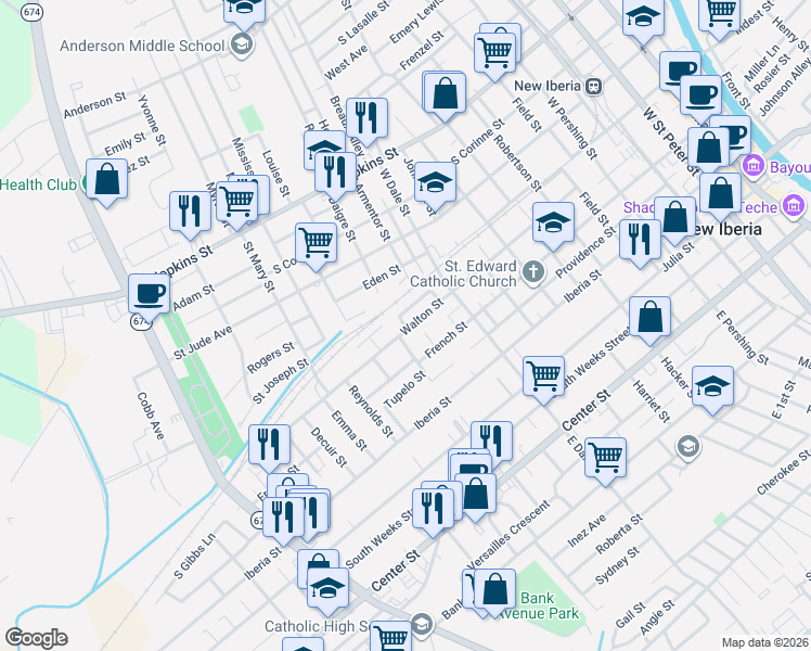 map of restaurants, bars, coffee shops, grocery stores, and more near 1104-1238 Walton St in New Iberia