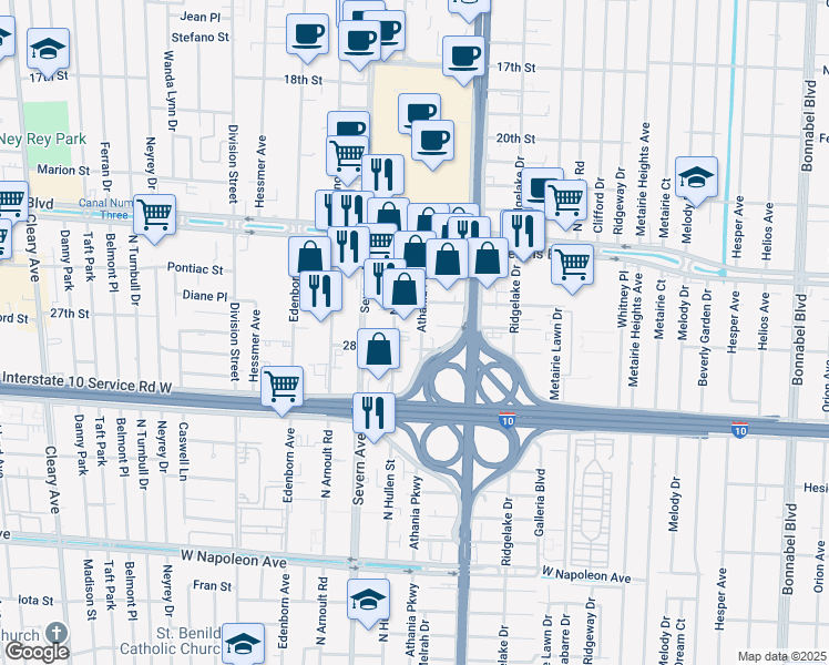 map of restaurants, bars, coffee shops, grocery stores, and more near 2704 Athania Parkway in Metairie