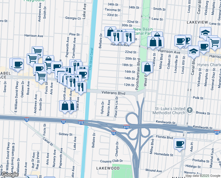 map of restaurants, bars, coffee shops, grocery stores, and more near 331 10th Street in New Orleans