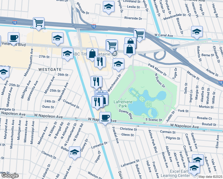 map of restaurants, bars, coffee shops, grocery stores, and more near 2605 Wytchwood Drive in Metairie