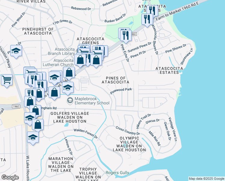map of restaurants, bars, coffee shops, grocery stores, and more near 19402 Pinewood Mist Lane in Humble