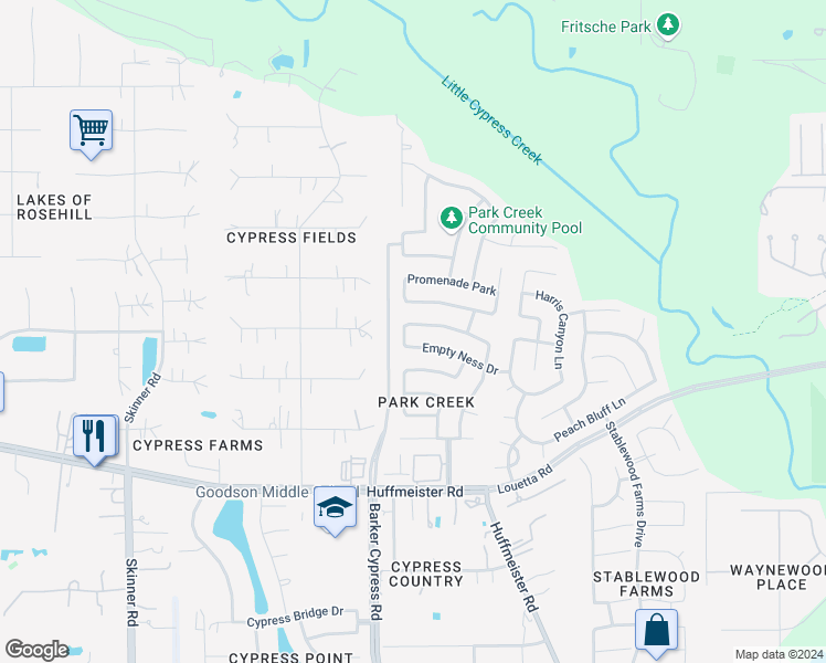 map of restaurants, bars, coffee shops, grocery stores, and more near 16919 Tranquility Park Drive in Cypress