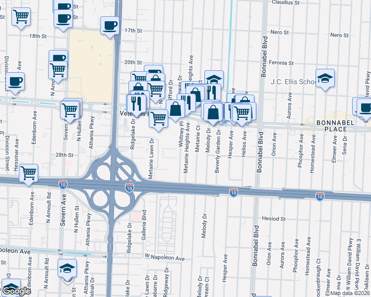 map of restaurants, bars, coffee shops, grocery stores, and more near 2712 Metairie Court in Metairie