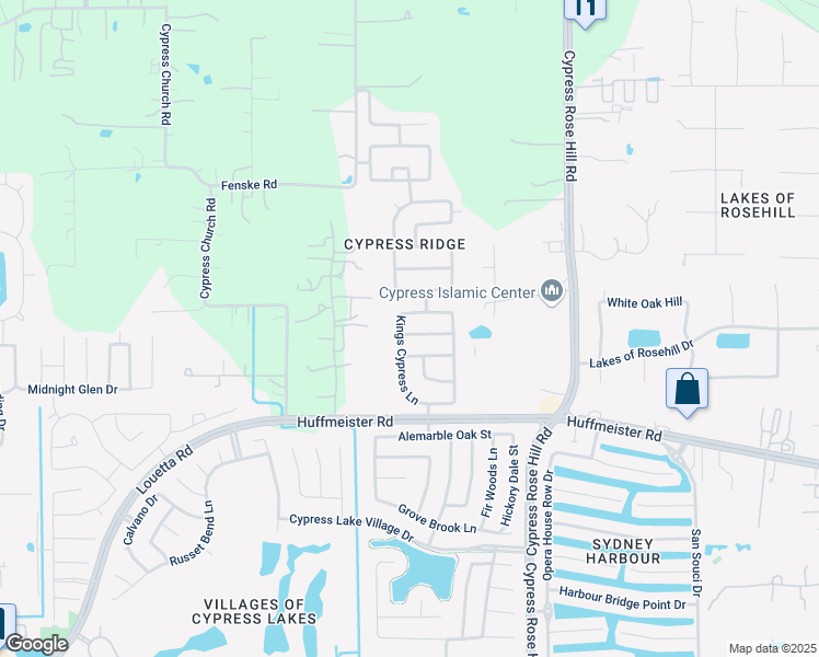 map of restaurants, bars, coffee shops, grocery stores, and more near 15919 Kings Cypress Lane in Cypress