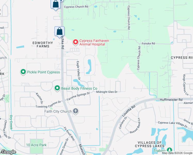 map of restaurants, bars, coffee shops, grocery stores, and more near 19602 Trent Creek Drive in Cypress