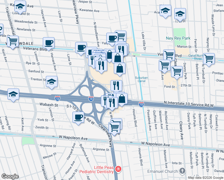 map of restaurants, bars, coffee shops, grocery stores, and more near 4441 North Interstate 10 Service Road West in Metairie