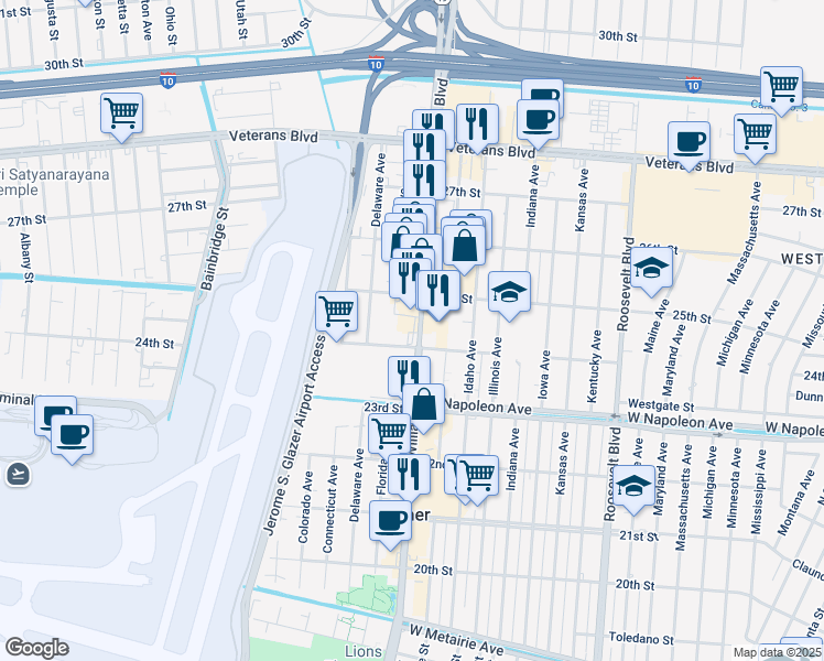 map of restaurants, bars, coffee shops, grocery stores, and more near 2425 Williams Boulevard in Kenner