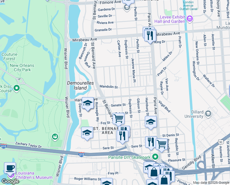 map of restaurants, bars, coffee shops, grocery stores, and more near 1345 Harrison Avenue in New Orleans