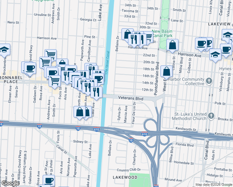 map of restaurants, bars, coffee shops, grocery stores, and more near 437 10th Street in New Orleans