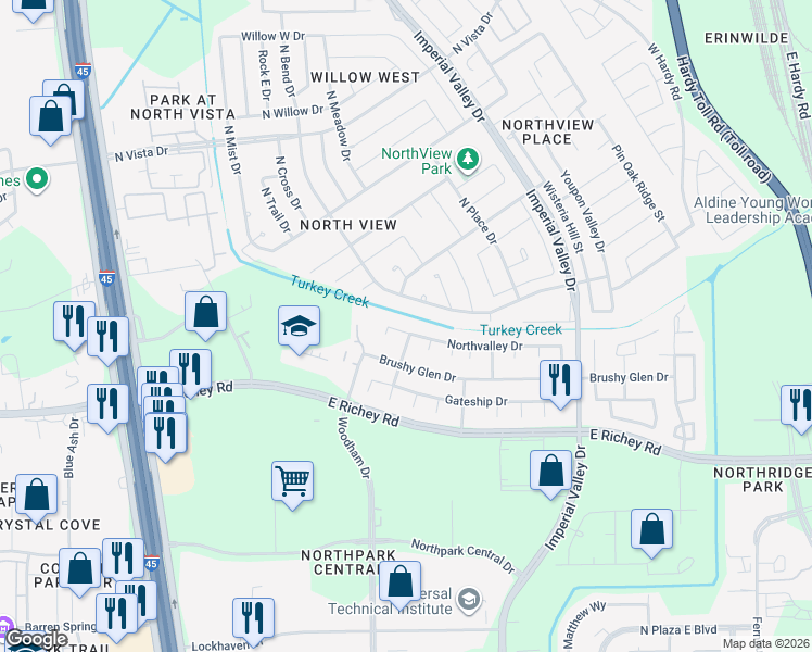 map of restaurants, bars, coffee shops, grocery stores, and more near 21118 North Station Court in Houston