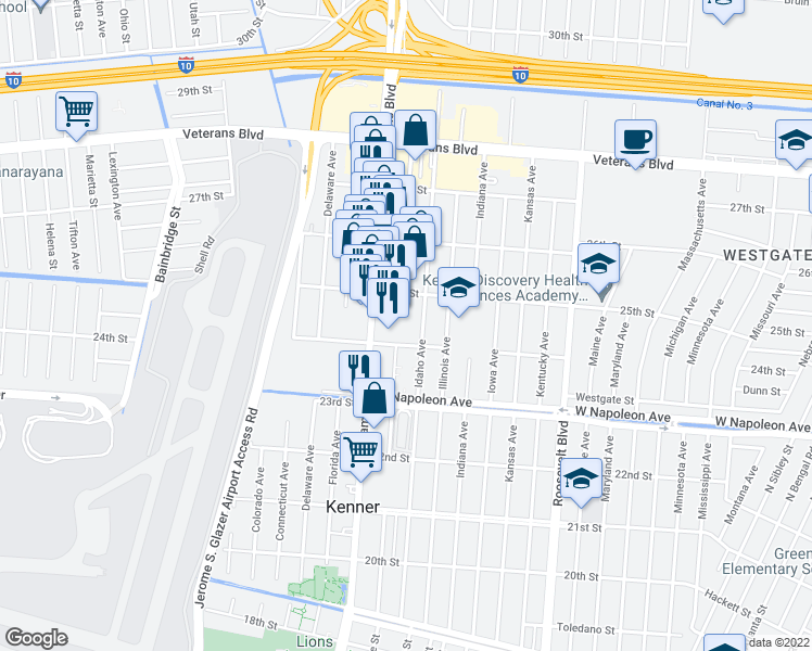map of restaurants, bars, coffee shops, grocery stores, and more near 2401 Idaho Avenue in Kenner