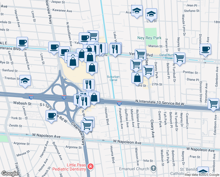 map of restaurants, bars, coffee shops, grocery stores, and more near 2801 Houma Boulevard in Metairie