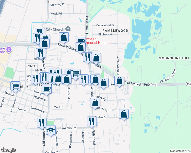 map of restaurants, bars, coffee shops, grocery stores, and more near in Humble