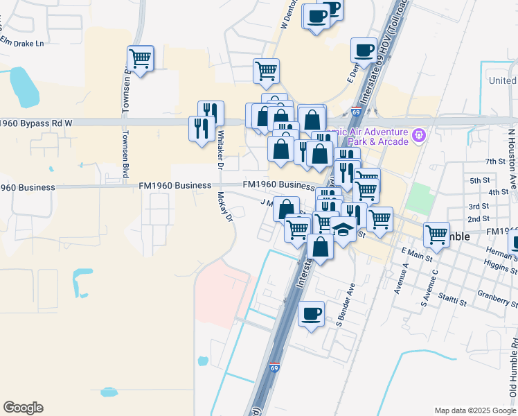map of restaurants, bars, coffee shops, grocery stores, and more near 9824 J M Hester Street in Humble