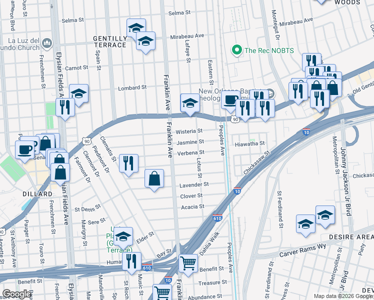 map of restaurants, bars, coffee shops, grocery stores, and more near 2684 Verbena Street in New Orleans