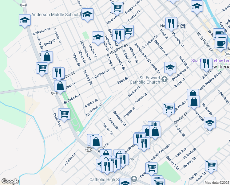 map of restaurants, bars, coffee shops, grocery stores, and more near 1203 South Jefferson Street in New Iberia