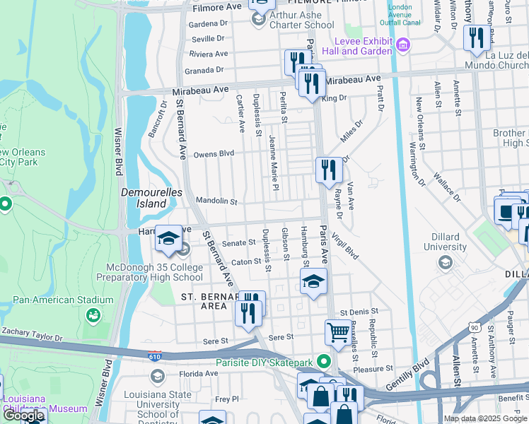 map of restaurants, bars, coffee shops, grocery stores, and more near Duplessis Street in New Orleans