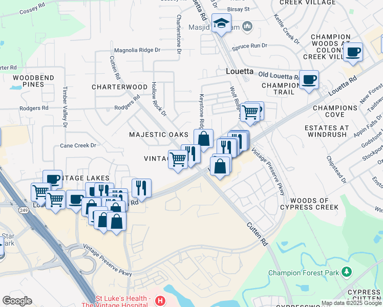 map of restaurants, bars, coffee shops, grocery stores, and more near 16000 Cutten Rd in Houston