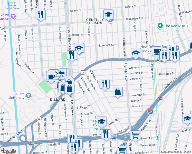 map of restaurants, bars, coffee shops, grocery stores, and more near 4060 Clematis Street in New Orleans