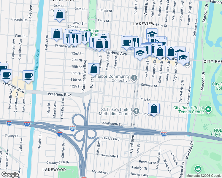 map of restaurants, bars, coffee shops, grocery stores, and more near 6020 Colbert Street in New Orleans