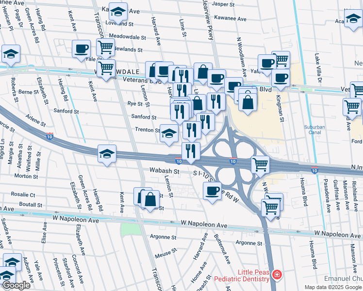 map of restaurants, bars, coffee shops, grocery stores, and more near 2804 Harvard Avenue in Metairie