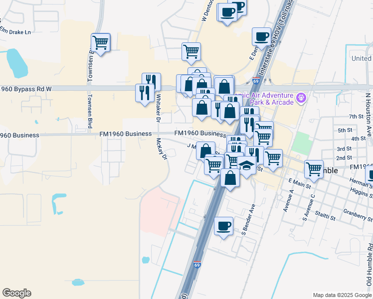 map of restaurants, bars, coffee shops, grocery stores, and more near 9824 J M Hester Street in Humble