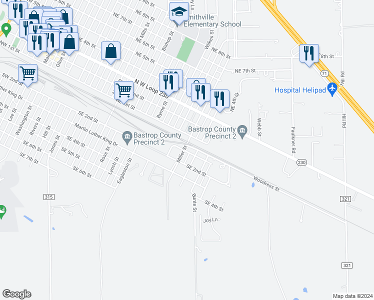 map of restaurants, bars, coffee shops, grocery stores, and more near 106 Miller Street in Smithville