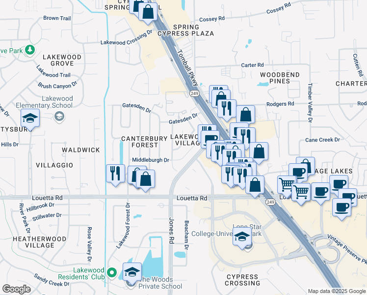 map of restaurants, bars, coffee shops, grocery stores, and more near 11203 Winspring Drive in Tomball