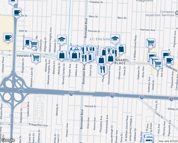 map of restaurants, bars, coffee shops, grocery stores, and more near 727 Orion Avenue in Metairie