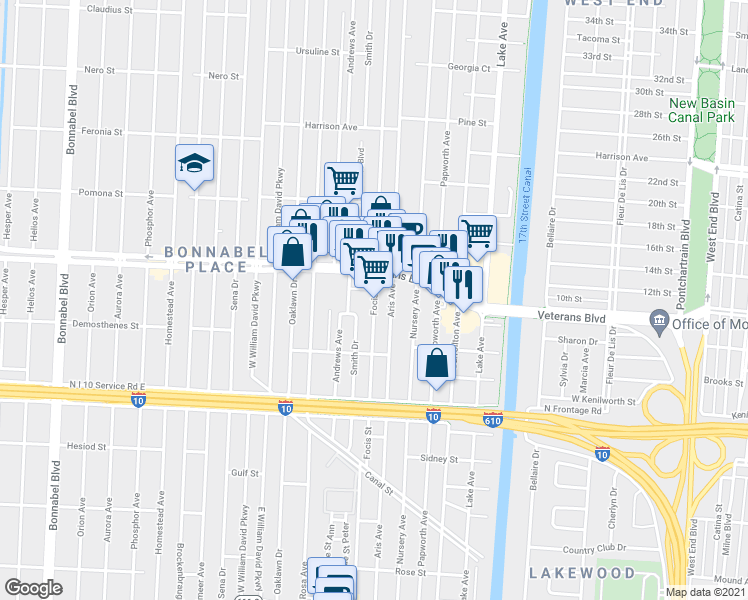 map of restaurants, bars, coffee shops, grocery stores, and more near 704 Focis Street in Metairie