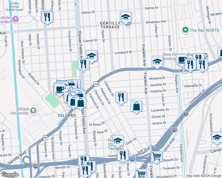 map of restaurants, bars, coffee shops, grocery stores, and more near 4060 Clematis Street in New Orleans