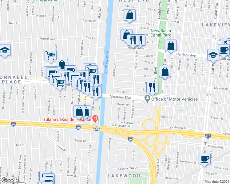 map of restaurants, bars, coffee shops, grocery stores, and more near 6007 Bellaire Drive in New Orleans
