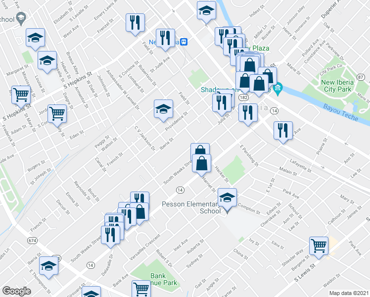 map of restaurants, bars, coffee shops, grocery stores, and more near 628 Julia Street in New Iberia