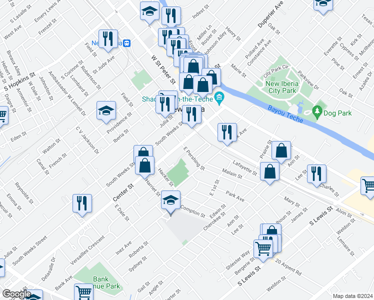 map of restaurants, bars, coffee shops, grocery stores, and more near 403 East Pershing Street in New Iberia