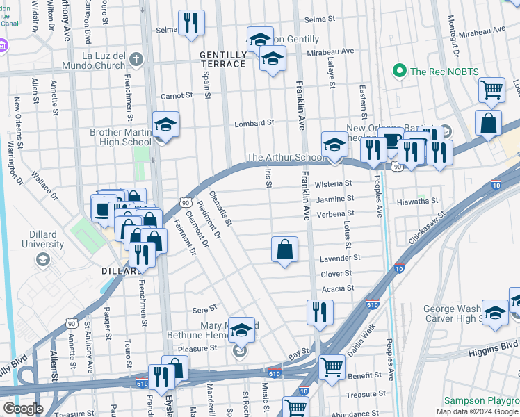 map of restaurants, bars, coffee shops, grocery stores, and more near 2456 Jasmine Street in New Orleans