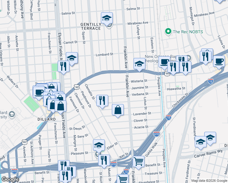 map of restaurants, bars, coffee shops, grocery stores, and more near 2483 Verbena Street in New Orleans