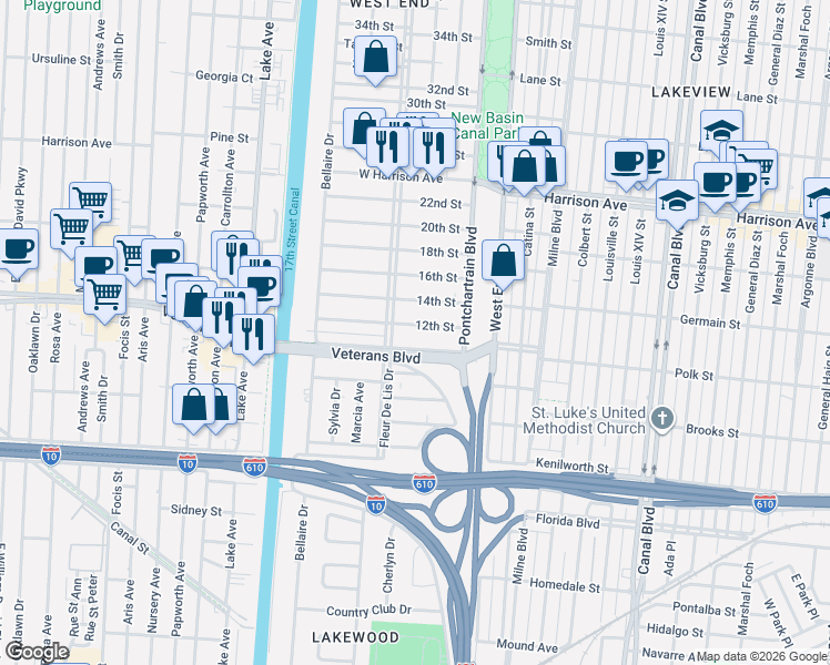 map of restaurants, bars, coffee shops, grocery stores, and more near 223 10th Street in New Orleans